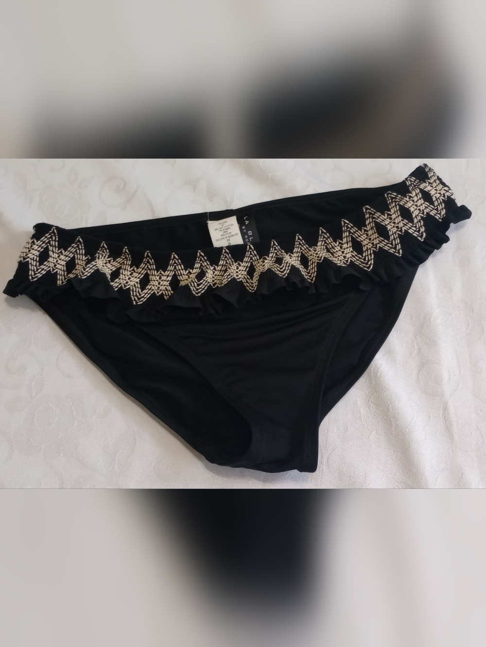 La Blanca Black Bikini Bottom with Cream Embroidered Trim